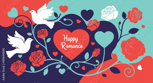 A colorful illustration of a romantic scene with hearts, roses, and doves, symbolizing love and affection.