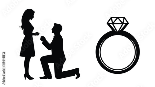 A romantic proposal scene with a diamond ring depicted as a silhouette
