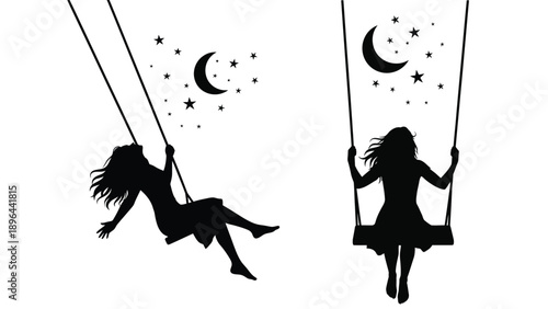 Two girls on swings under a starry night sky silhouette