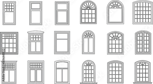 Architectural window line art collection featuring classic and modern window frames, detailed outline drawings for building facade design isolated on white background