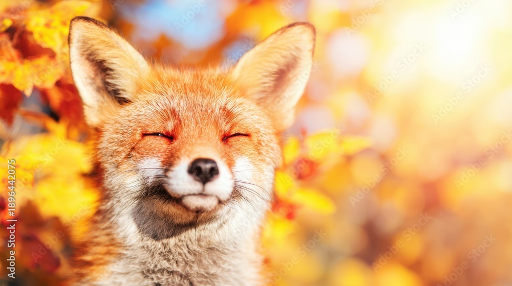 Fototapeta premium Fox relaxes in autumn with bright orange leaves and soft sunlight