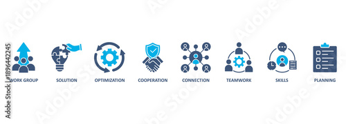 Business teamwork banner web icon vector illustration concept with icon of work group, solution, optimization, cooperation, connection, teamwork, skills, planning 