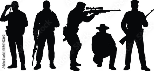 Armed security and military people silhouette icon set showing soldiers and guards with rifles in tactical poses, black figures isolated on white background for defense design use