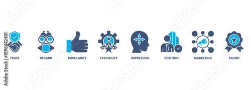 Reputation management banner web icon vector illustration concept with icon of trust, regard, popularity, credibility, impression, position, marketing and brand