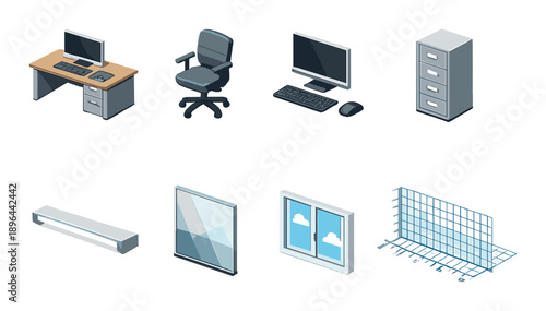 Office essentials: desk, chair, monitors, filing cabinet, window, mirror, shelf, grid