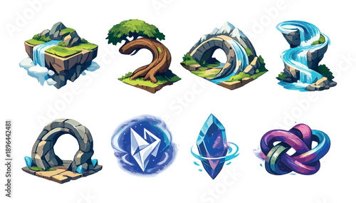 Vibrant fantasy portals and crystals with unique landforms