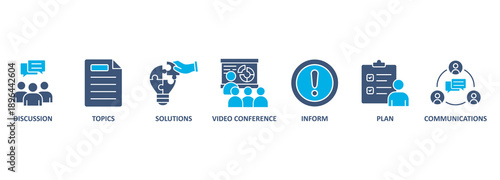 Meeting banner web icon vector illustration for business meeting and discussion with communications, topics, solutions, plan, inform and video conference icon 