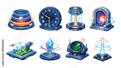 Futuristic technology icons featuring portals, gadgets, and holographic displays