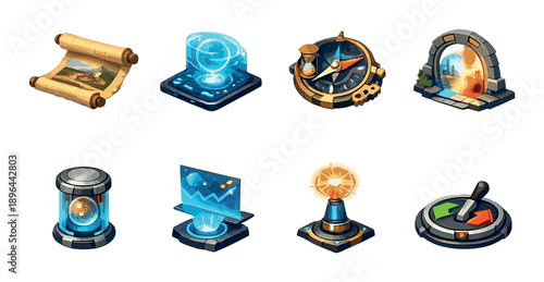 Fantasy game icons: maps, portals, and magical artifacts collection