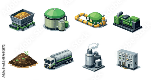 Sustainable waste management icons: biogas, compost, truck, factory, energy