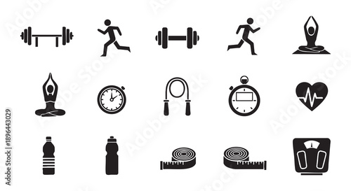 Fitness and Gym Icon Set, Black Minimalist Workout Symbols Vector
