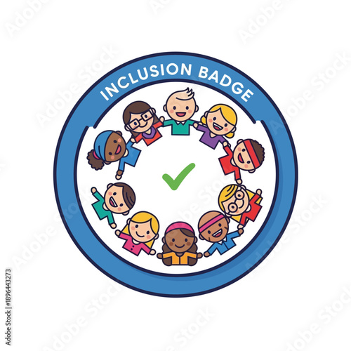 Inclusion Badge: A vibrant illustration showcasing a diverse group of children holding hands, united by the common goal of celebrating unity, diversity, and belonging within a supportive.