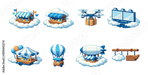 Whimsical cloud-based market stalls and transportation icons with blue accents