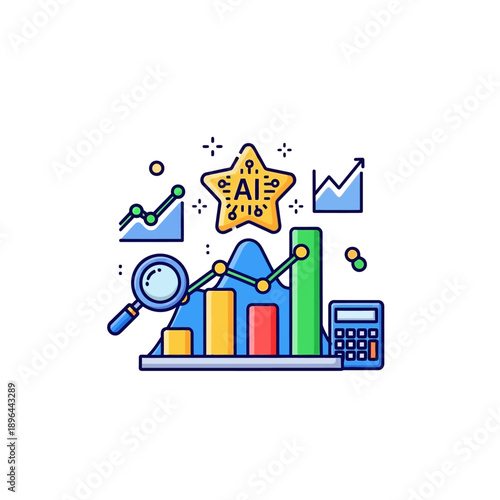 AI Data Analysis: An illustrated representation of data analysis, spotlighting artificial intelligence, graphs, and the tools used in examining data