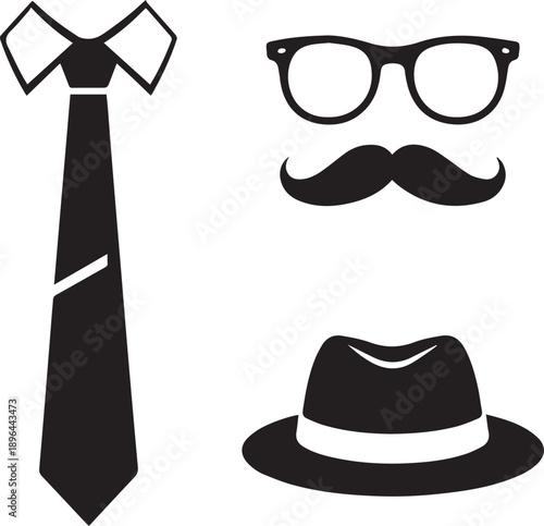 Formal menswear accessories including a classic tie, stylish eyeglasses, a dapper mustache, and a fedora hat