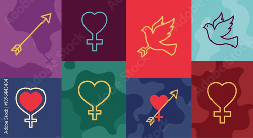 A vibrant and symbolic illustration featuring various heart and gender symbols in different colors and backgrounds.