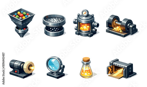 Collection of industrial icons: machinery, laboratory, processing equipment