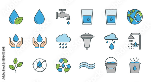 Water Conservation and Usage Icons Set.