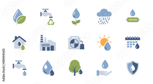 Water Conservation Icons Set Environment Sustainability Ecology.