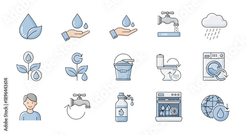 Water conservation and usage icons set.