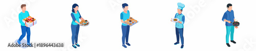Isometric Diverse People Carrying and Serving Food Illustration Set