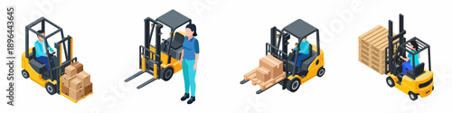 Isometric Forklift Truck Machine with Worker and Cargo Boxes Illustration Set