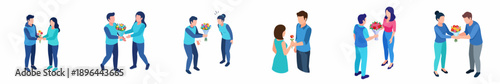 Isometric Romantic Couple Give Bouquet to Each Other Illustration Set