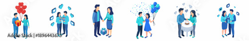 Isometric Celebrating Couple in Various Festive Scenarios and Gift Occasions