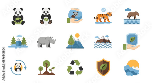 Collection of Flat Icons Representing Environmental Conservation and Wildlife Protection.