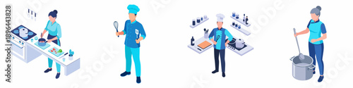 Isometric Diverse Group Chef Illustration in Various Kitchen Activity Design