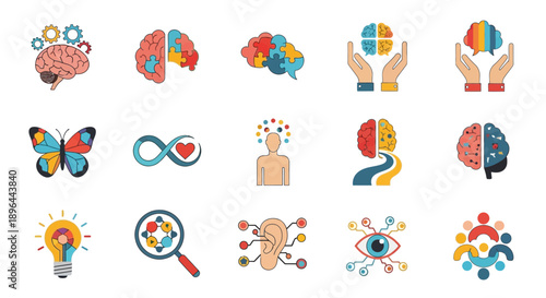Collection of Icons Representing Psychology and Mental Health Concepts.