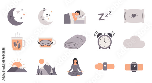 Collection of Icons Representing Sleep and Wellness Activities.