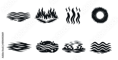 Abstract black and white icons featuring waves, flames, smoke, stars, and water ripples on a grey background