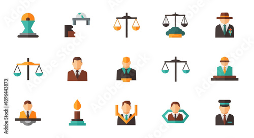 Collection of Legal and Justice Icons Representing Law and Order.