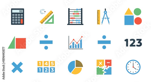 Collection of Math and Education Icons and Symbols.