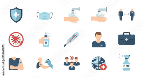 Collection of Medical Icons Representing Health and Safety Measures.