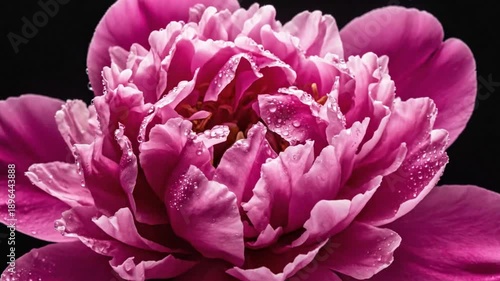 Close up of a vibrant pink peony flower with water droplets against black