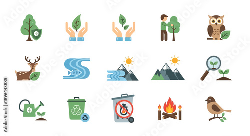 Collection of nature and environmental conservation icons.