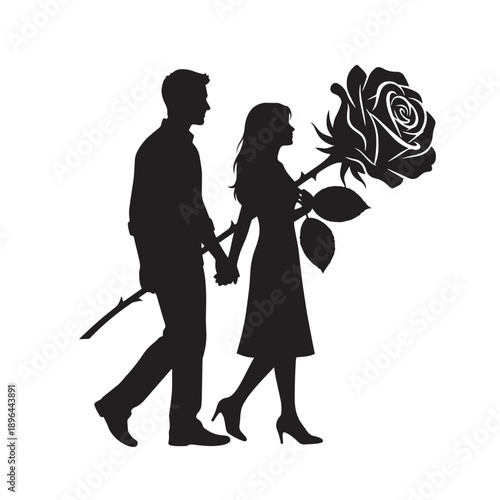 Romantic Silhouette of Couple Walking with Rose