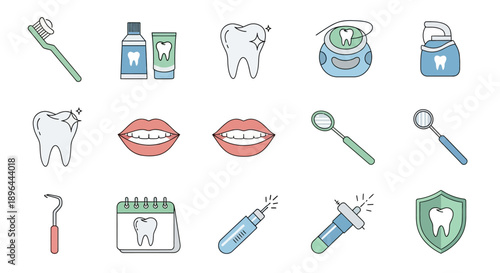 Dental Care and Oral Hygiene Tools Doodle Set.