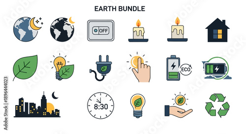 Earth Hour Bundle - Collection of Icons Representing Energy Saving and Environmental Awareness.