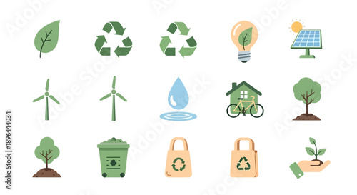 Eco Friendly Icons Set for Sustainable Living and Environmental Protection.
