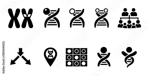Genetic symbols and dna structure icons on dark background