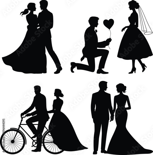 Wedding couple silhouettes set romantic love proposal bride groom bicycle engagement marriage celebration vector illustration black elegant design collection isolated