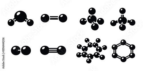 Set of 3d black molecule models on a gray background