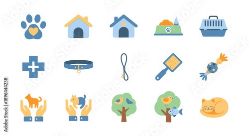 Pet care and animal welfare icons set.