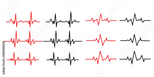 Twelve electrocardiogram heartbeats red and black lines on white heart rate