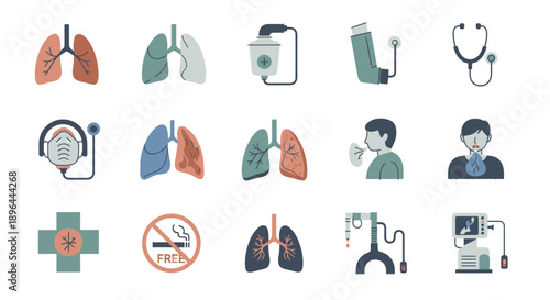 Set of human lungs and respiratory health icons.
