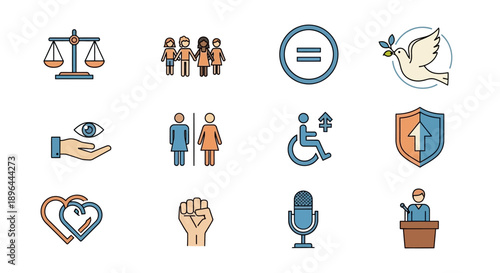 Set of Icons Representing Social Justice and Human Rights Concepts.