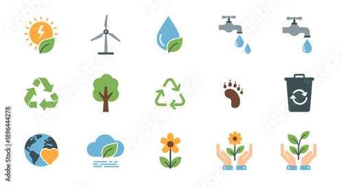 Set of ecological and environmental icons for sustainability and nature conservation.